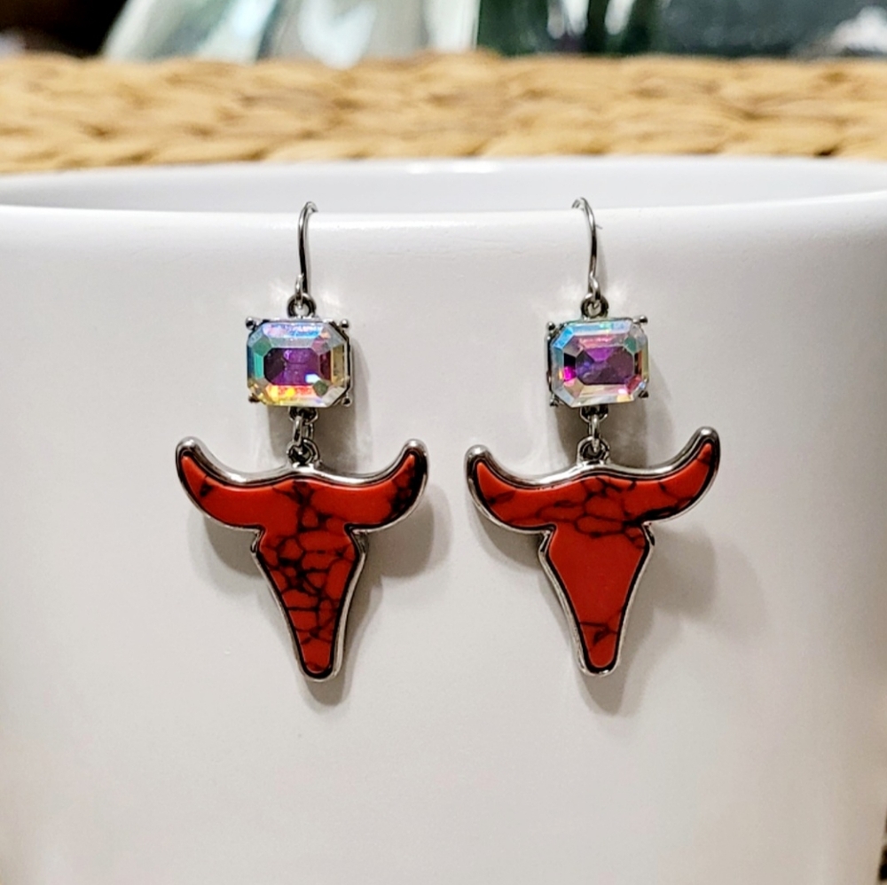 Western Red Steer Head And   Iridescent Earrings New